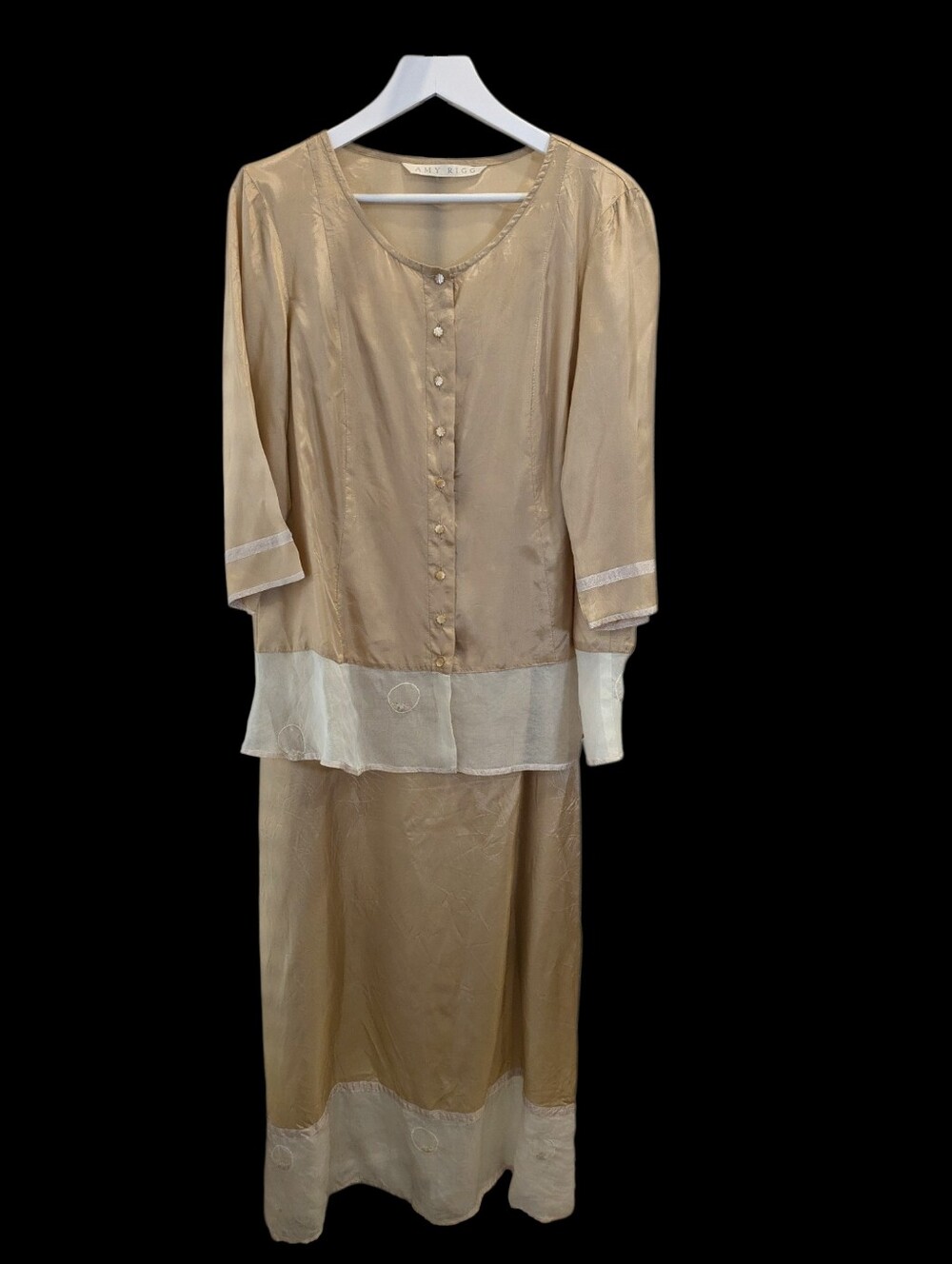 Amy Rigg Vintage 2 Pc Maxi Dress Jacket Set Large Champagne Lagenlook Victorian